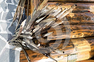 Pile of small wooden stick prepared for camp fire