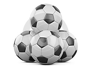 Pile of soccer balls isolated on white background