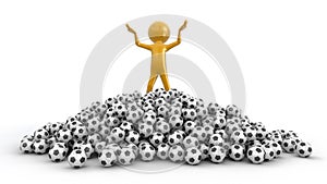 Pile of Soccer footballs and man