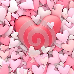 Pile of soft pastel pink hearts with large center red heart for Valentine`s day or other romantic themed holiday. 3d Render