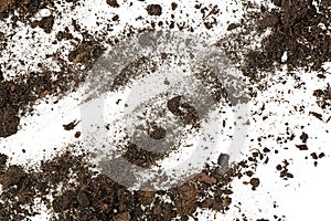 Pile of soil, dirt isolated on white background, top view