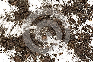 Pile of soil, dirt isolated on white background, top view