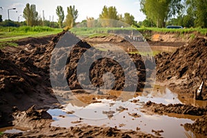 pile of soil and fertilizer runoff, mixing with water and creating toxic sludge