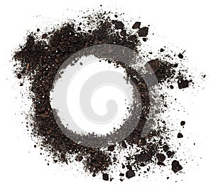 Pile of soil humus isolated on white background, top view. Fertile ground, gardening concept. Frame made of soil
