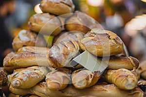 A pile of sourdough baguettes in the Mahane Yehuda market