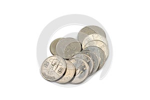 A pile of South Korean coins on a white background