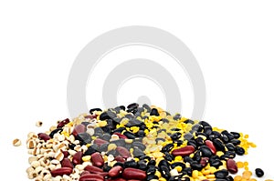 Pile of Split soy beans,mung beans,red kidney bean,black bean and Job's tears isolated on white