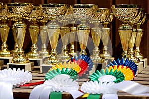 Pile of sport trophies and badges rosettes for the winners on show jumping competition