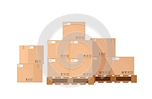 Pile or stack of cardboard or carton boxes on wooden pallet isolated on white background. Goods packaged for warehouse