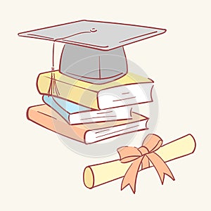 Pile stack diploma graduation academic cap books hand drawn style vector doodle design illustrations