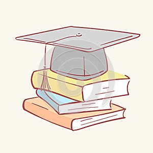 Pile stack graduation academic cap books hand drawn style vector doodle design illustrations