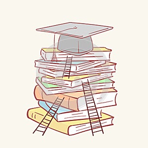Pile stack ladder graduation academic cap books hand drawn style vector doodle design illustrations