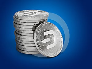 Pile or stack of silver Dash coins with 2019 logo update, isolated on blue background. One coin is turned towards the viewer. New
