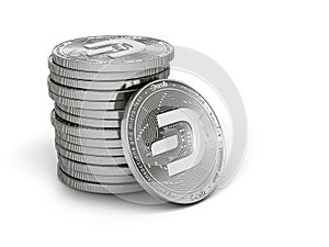 Pile or stack of silver Dash coins with 2019 logo update, isolated on white background. One coin is turned towards the viewer. New