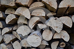 Pile of stacked firewood in rural garden ready for winter. Preparation for the winter. Wooden log abstract background