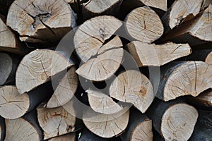 Pile of stacked firewood in rural garden ready for winter. Preparation for the winter. Wooden log abstract background. Dry chopped