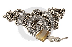 A pile of stainless steel chain with a small padlock and keys