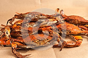 Pile of steamed and seasoned Chesapeake Blue Claw crabs photo