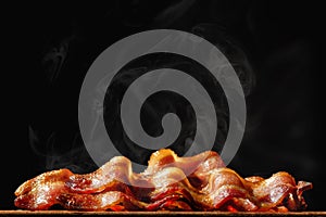 Pile of Sizzling Bacon Isolated on Black photo