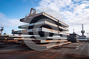 a pile of steel plates ready to be used in ship construction