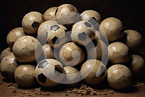 pile of stitched leather soccer balls in the shape of a vintage hexagon from the seventies