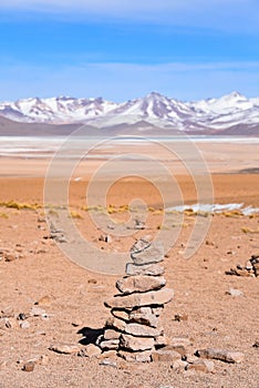 A pile of stones marks the route to the Salar de Challviri, in the Reserva Eduardo Avaroa, Sud Lipez province, Bolivia