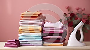 Pile of t-shirts and sweaters on wooden ironing board. Neat stack of clean freshly laundered clothes and electric iron on