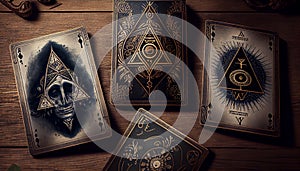 A pile of tarot cards lie scattered and spread across a table top surrounded by multiple occult items.
