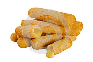 Pile of tasty cheese sticks isolated on white