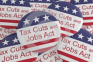 Pile of Tax Cuts And Jobs Act Buttons With US Flag, 3d illustration