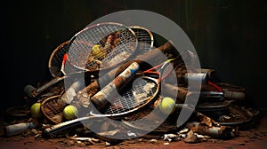A pile of tennis rackets with broken strings oil painting