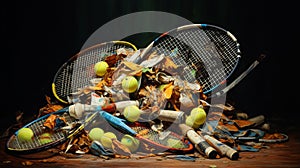 A pile of tennis rackets with broken strings oil painting