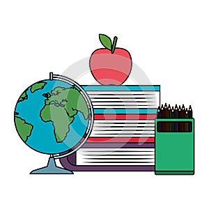 pile textbooks with world map and colors pencils