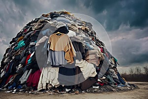 pile with textile fabric clothes for recycling. clothing industry pollution. fast fashion concept, generative AI