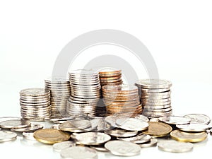 A pile of Thai coins on a white background