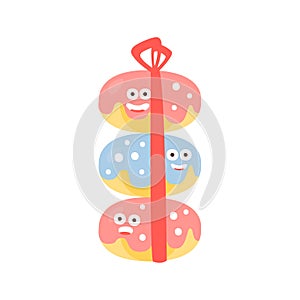 Pile Of Three Doughnuts With Ribbon Children Birthday Party Attribute Cartoon Happy Humanized Character In Girly Colors