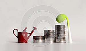 A pile of three stepped coins between a watering can and a bud.