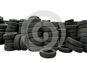 Pile of tires isolated on white background, new car tyres product in manufacturing factory