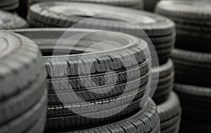 Pile of tires stack in warehouse waiting to transport to distributors, new car tyres product in manufacturing factory background