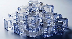 A pile of transparent ice cubes on a plain white background with reflections