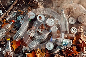 A pile of trash including bottles, cans, and other debris
