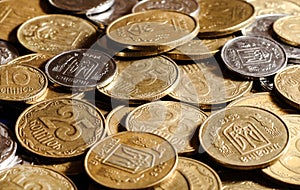 Pile of Ukrainian coins. Ukrainian money. Pennies