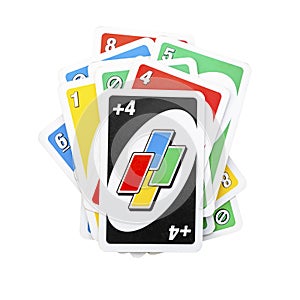 Pile of Uno game cards isolated on white background