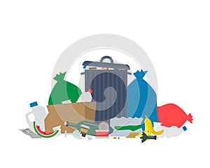 A pile of unsorted garbage food waste trash can rubbish bag isolated on white background
