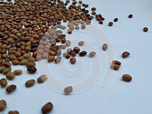 Pile of Urali Kalu or Horse Gram isolated on white background. Closeup of horse gram seeds which is used in cooking photo