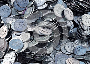 Pile of USA dime coins, shiny, metallic, 3d rendering