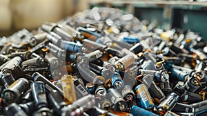 Pile of used batteries of various sizes and types scattered on a surface, representing electronic waste and recycling
