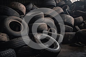 Pile of used car tires, close-up, selective focus. Generative AI