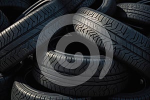 Pile of used car tires, close up view. Generative AI