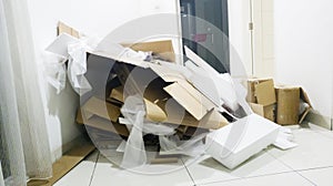 Pile of used cardboard and styrofoam waste